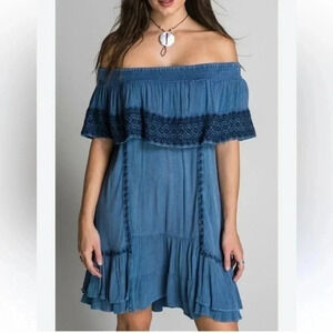 Gallery Couture Denim Blue Off The Shoulders Boho Western Ruffle Dress Size M OS
